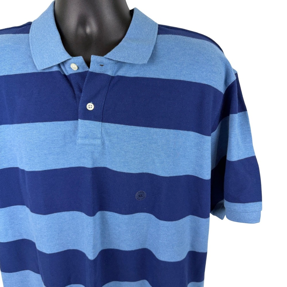Chaps Mens XL Blue Striped Cotton Pique Short Sleeve Polo Shirt Navy Light Blue‎